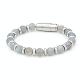 Men's labradorite bracelet with silver spacers and magnetic clasp on white background